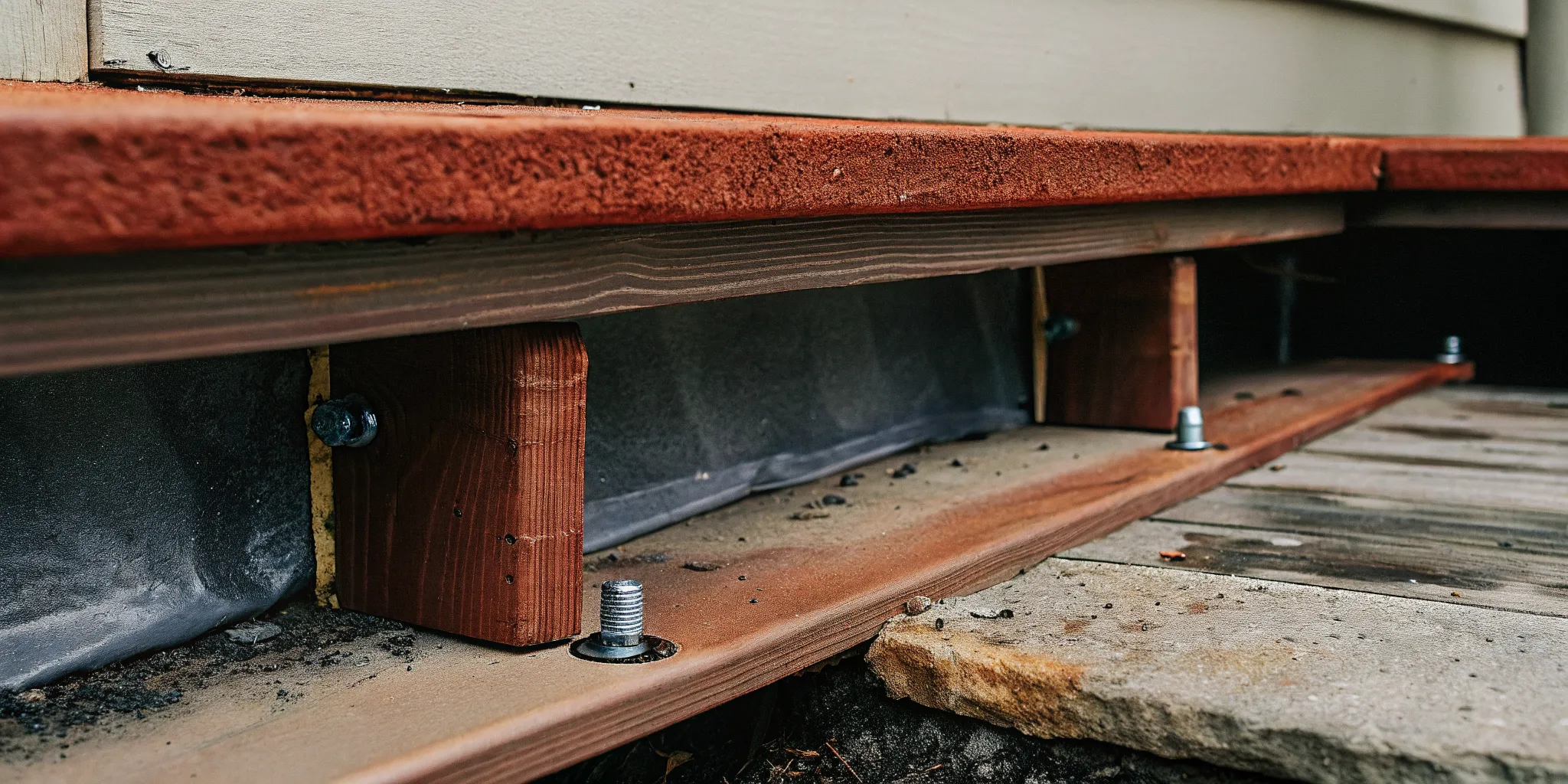 Moisture staining and corrosion found during a deck ledger inspection