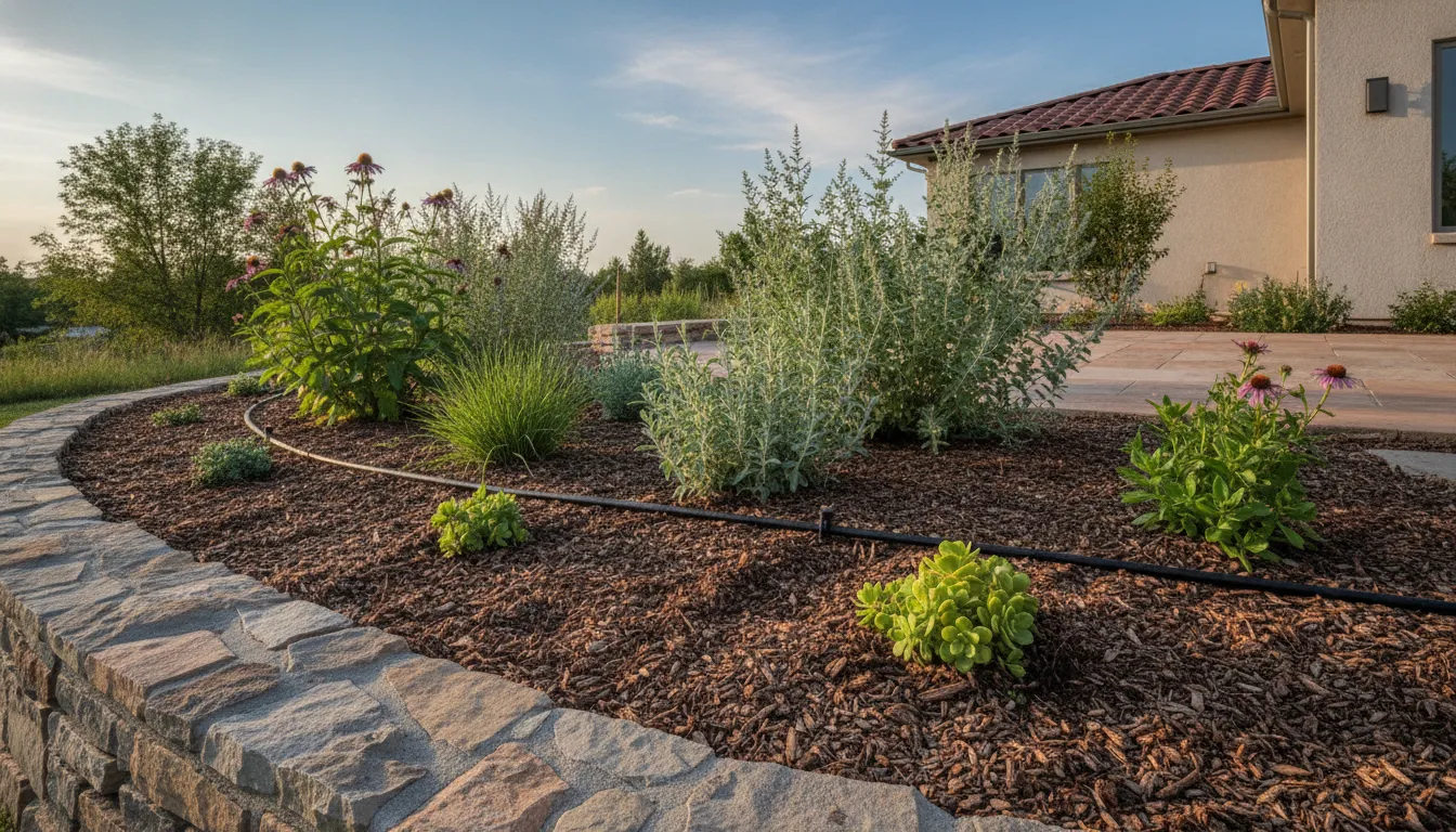 Denver Metro Area garden bed with visible soil, mulch, and drip irrigation planning