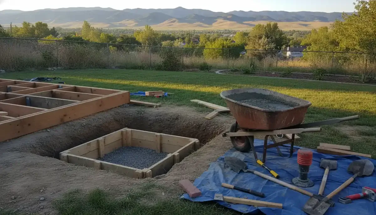 Concrete footing form with a gravel base beside a deck frame in a Denver Metro backyard