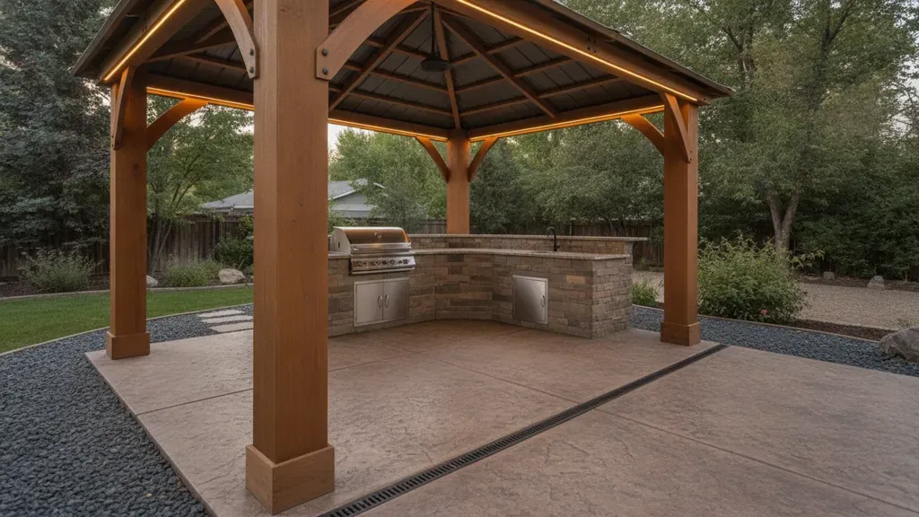 Outdoor gazebo construction details with patio, kitchen, and integrated lighting