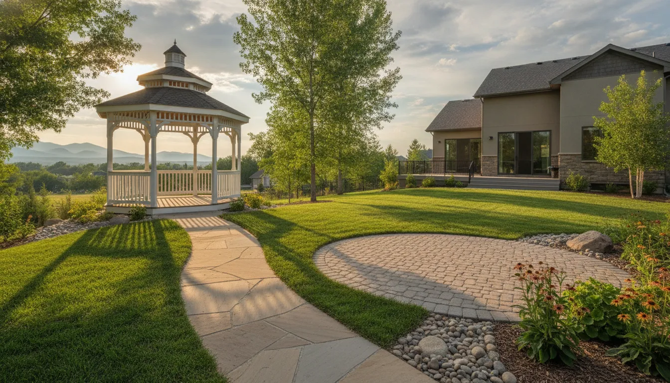 Backyard gazebo placement study showing a clear path and level patio area
