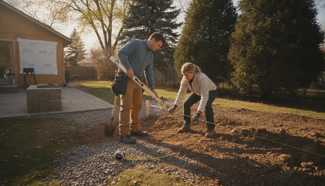 Contractor and homeowner reviewing site grading for a Littleton outdoor project