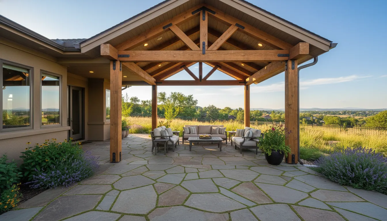 Covered patio ideas Colorado backyard with integrated lighting and roofed seating