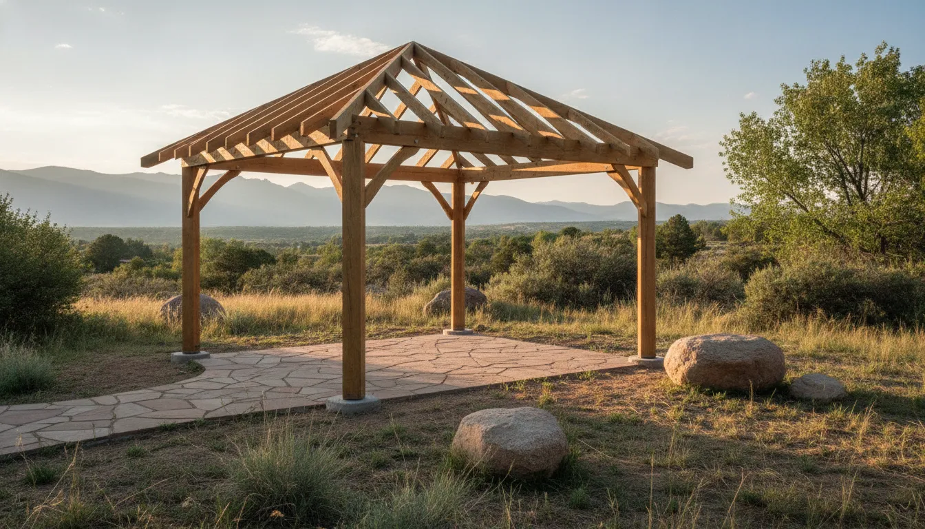 Timber gazebo frame with a pitched roof beside a stone patio in a Denver Metro Area backyard