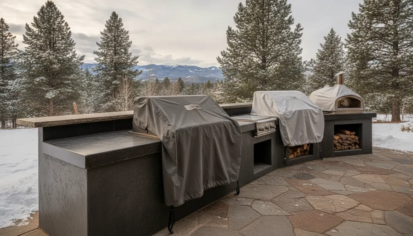 Covered outdoor kitchen equipment prepared for Denver winter weather