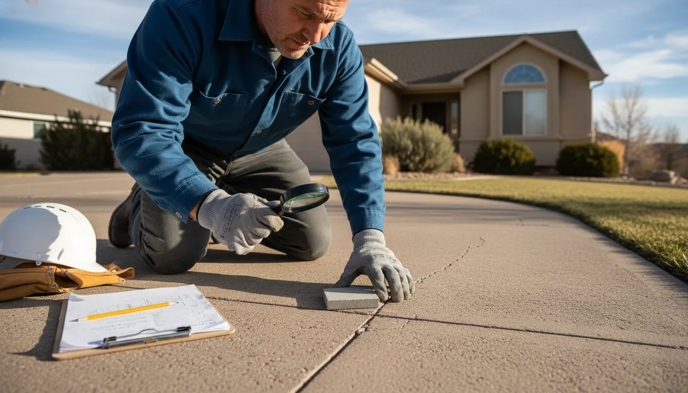 Contractor assessing cracks before concrete driveway resurfacing in the Denver Metro Area