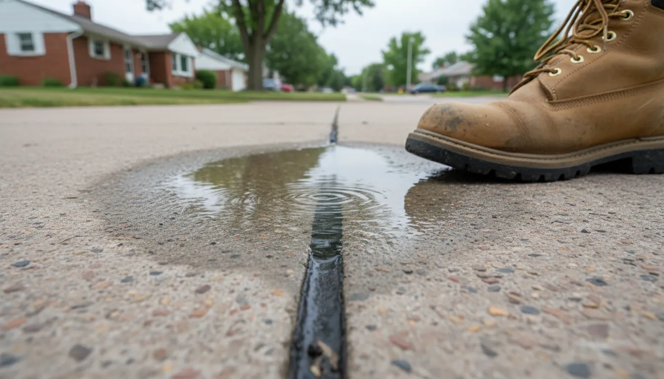 Pooling at a driveway joint during concrete driveway resurfacing assessment in Denver Metro Area