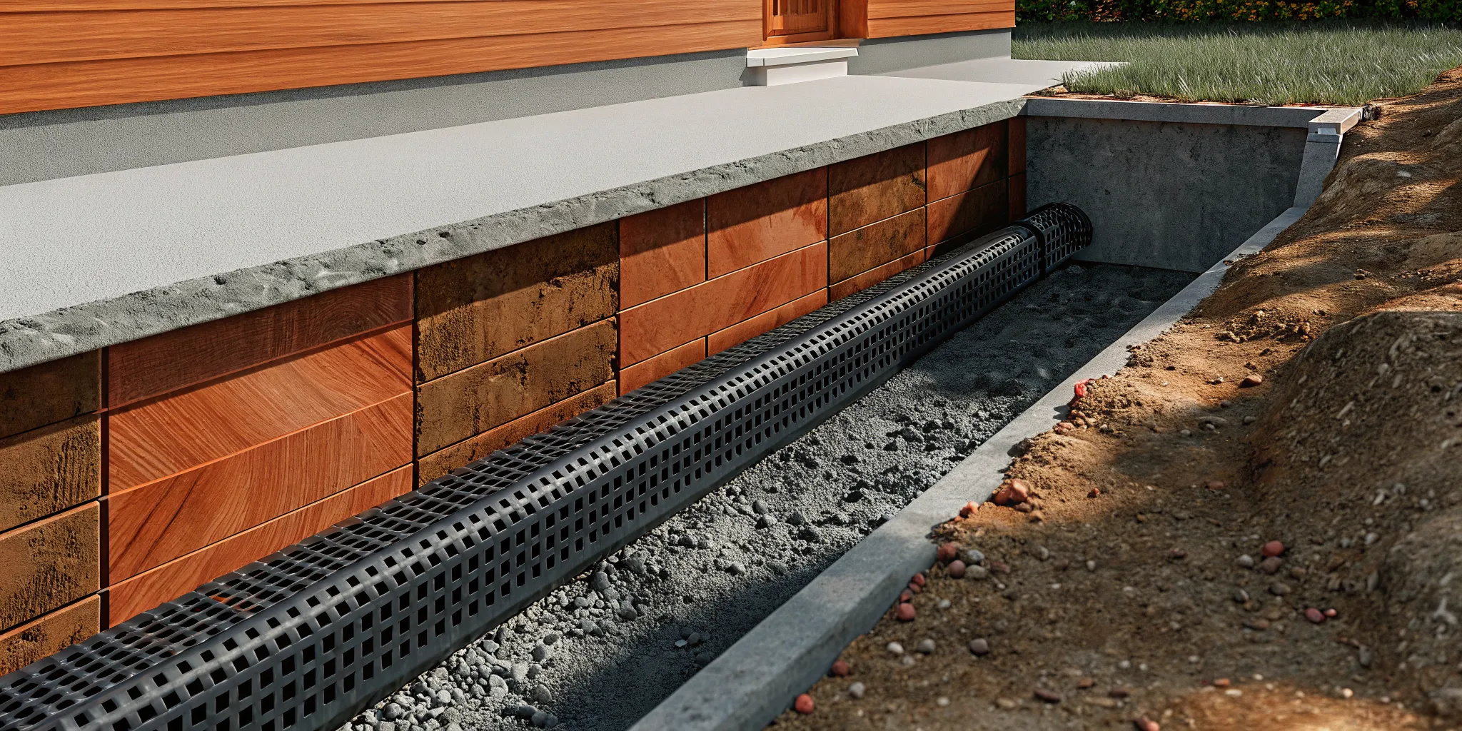Cross-section diagram of retaining wall drainage with gravel backfill, perforated pipe, and weep holes