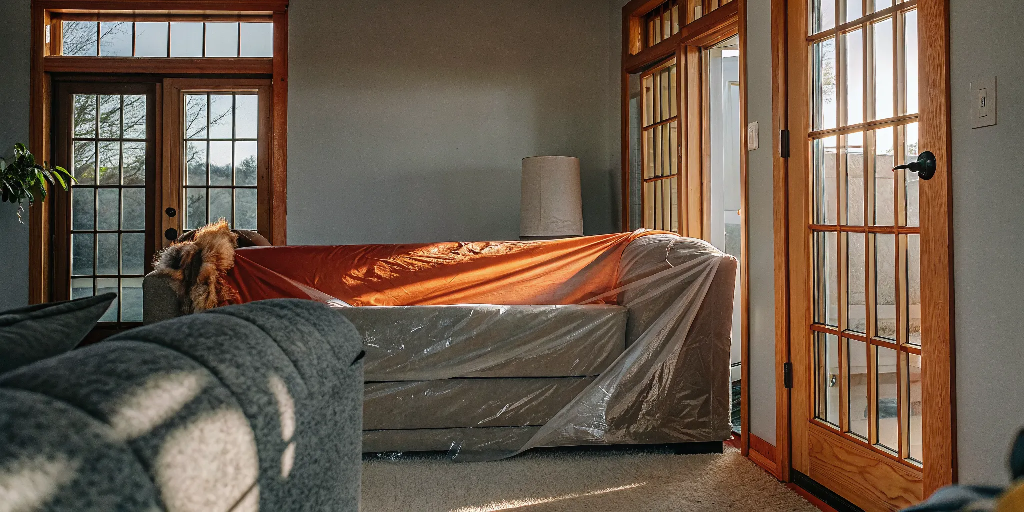 Denver homeowner using plastic sheeting and drop cloths to protect furniture from construction dust