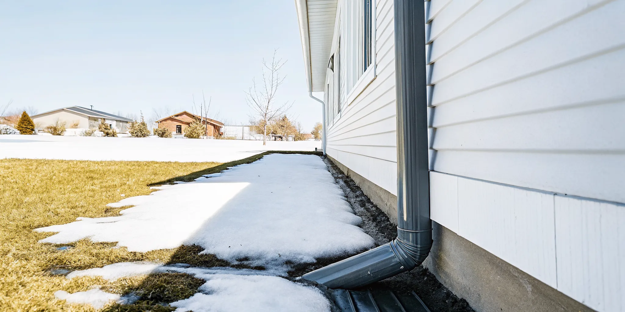 Drainage inspection beside a concrete home foundation