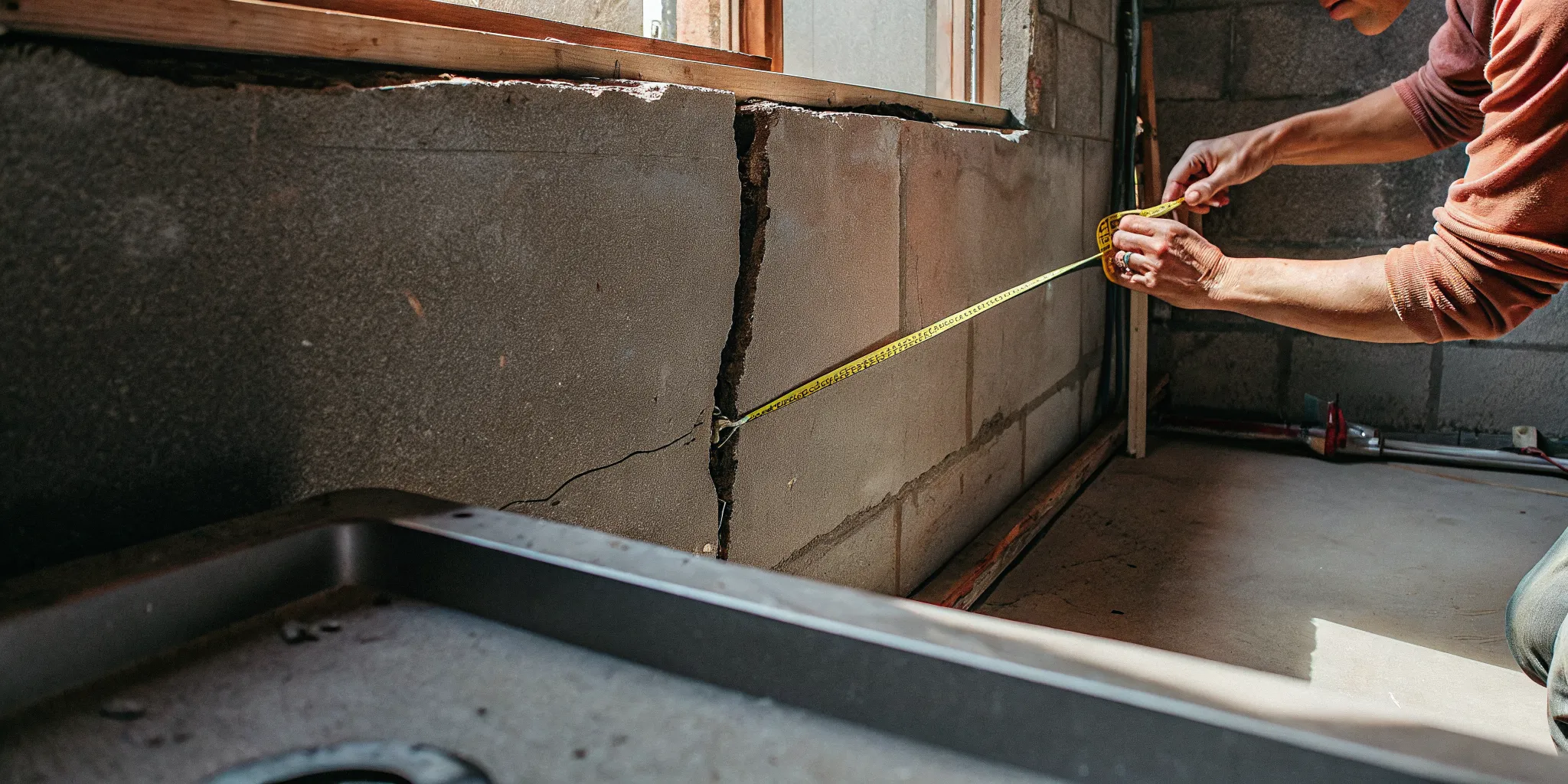 Professional inspecting a visible foundation wall crack