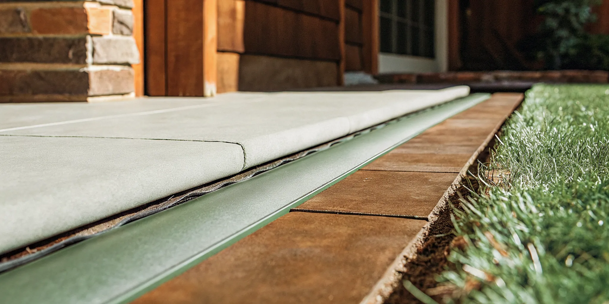 Close view of a flexible concrete driveway expansion joint between slabs