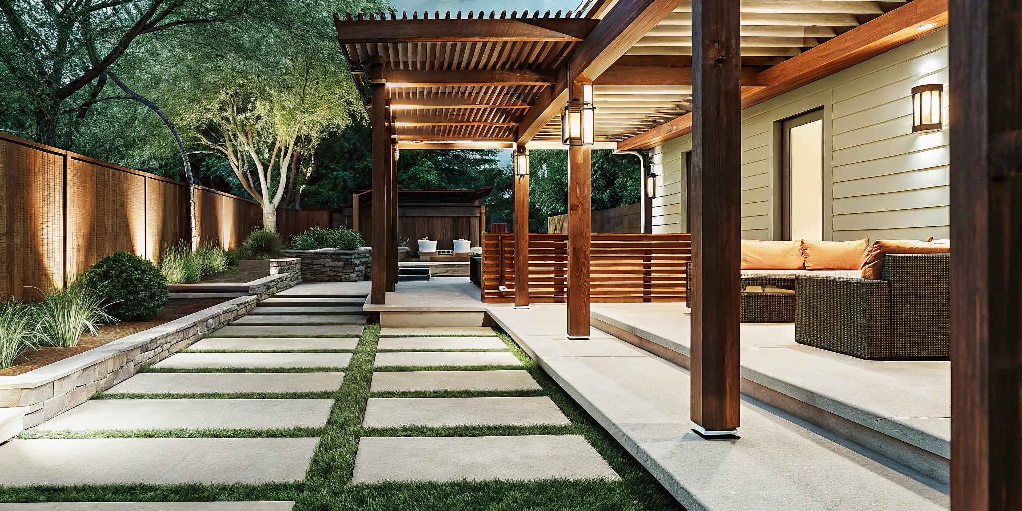 Layered outdoor living lighting design on a patio, pergola, and walkway