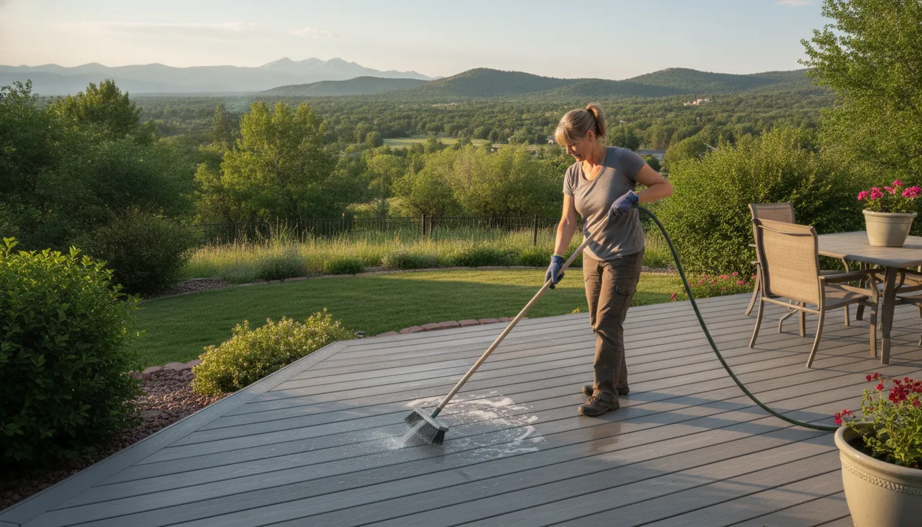 Homeowner cleaning a gray composite deck in a sunny Colorado backyard