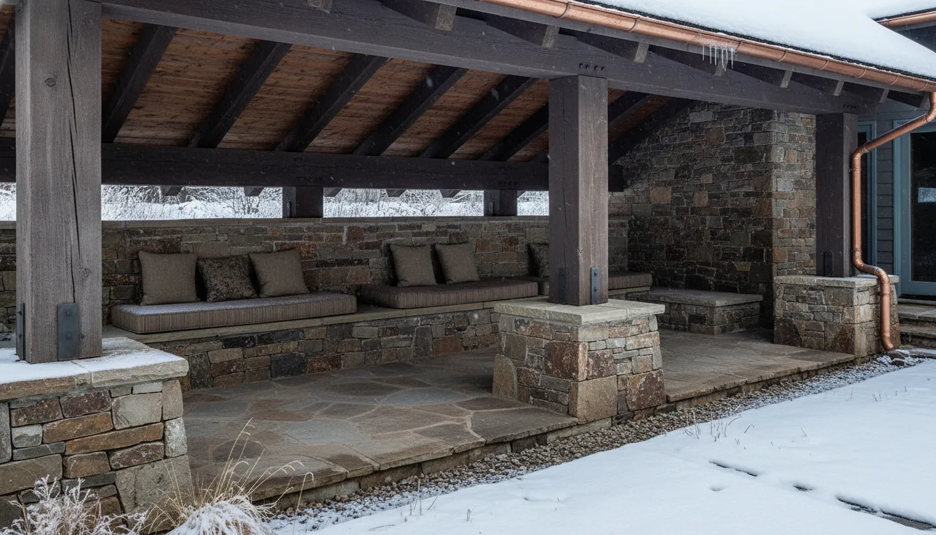 Covered patio ideas Colorado roof with stone patio and snow drainage planning