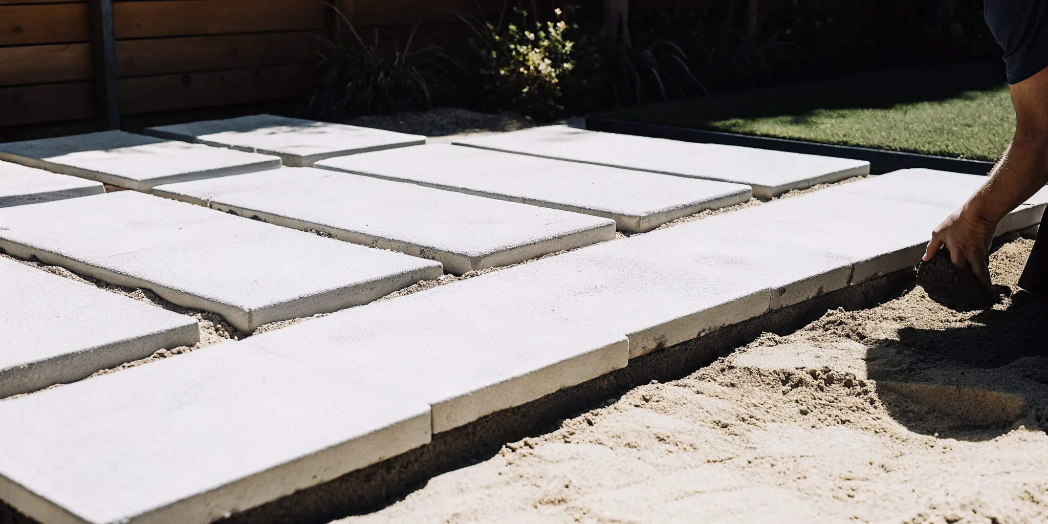 Contractor laying concrete pavers evenly over compacted sand in a Denver backyard
