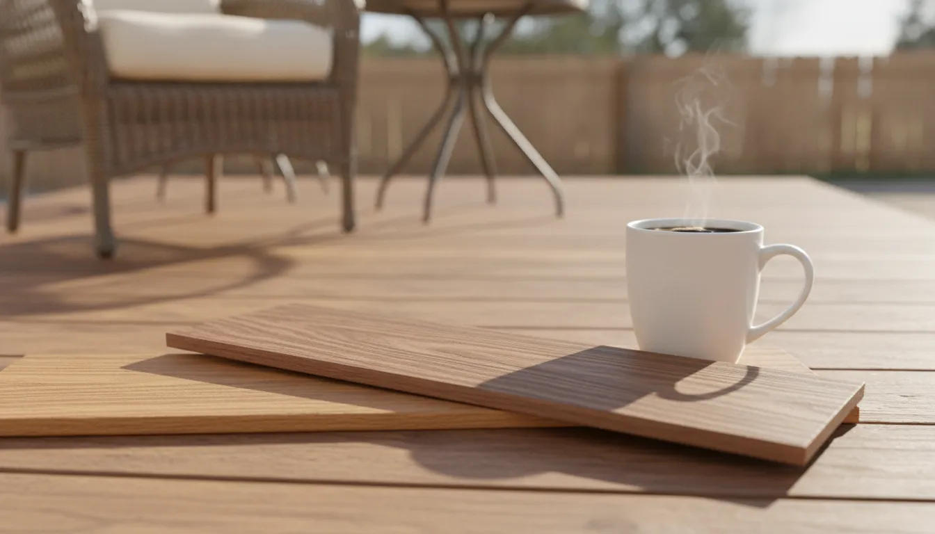 Composite deck board samples in warm brown tones on a sunny deck