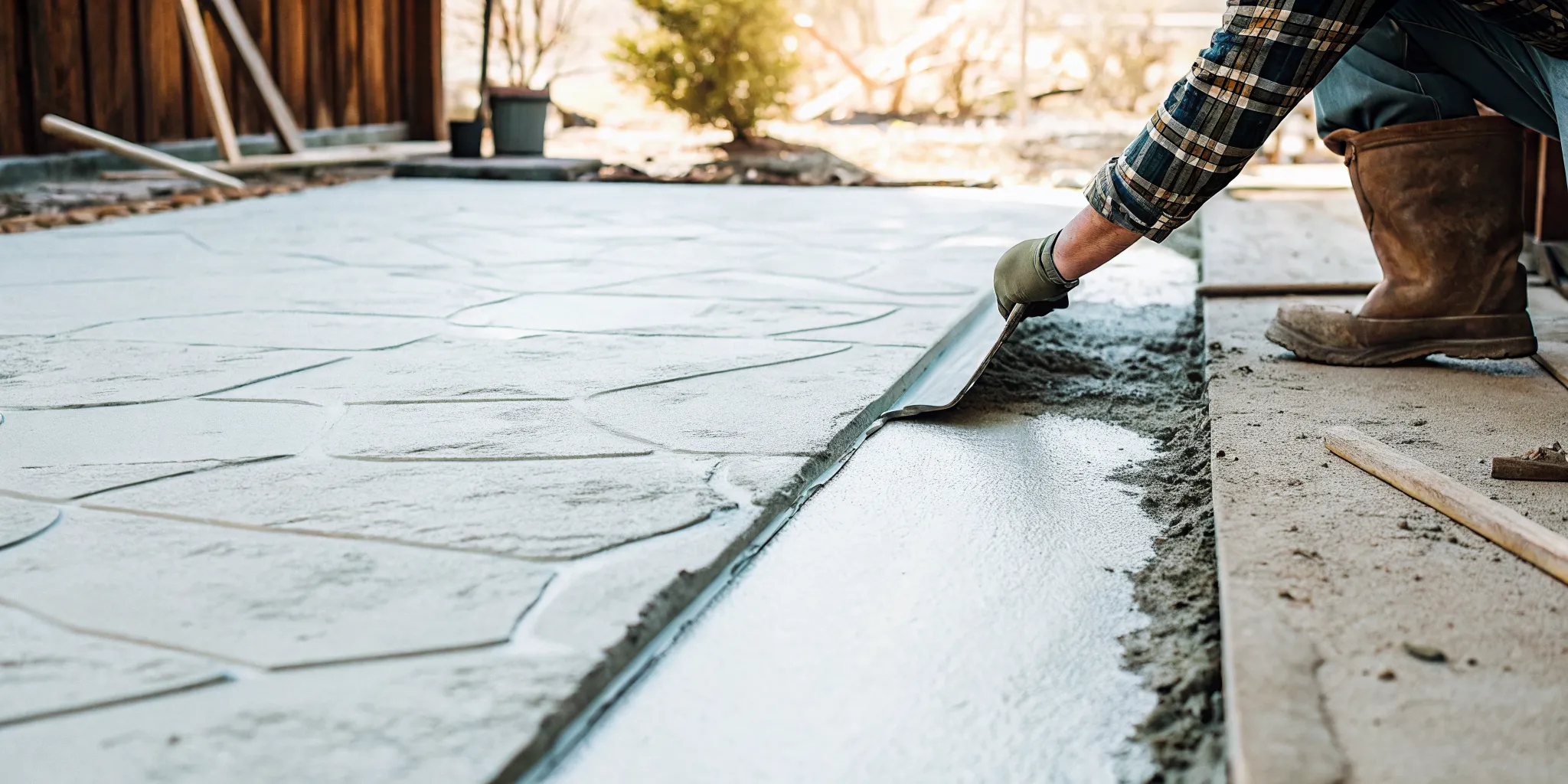 Contractor stamping a natural-stone pattern into fresh concrete on a Denver patio