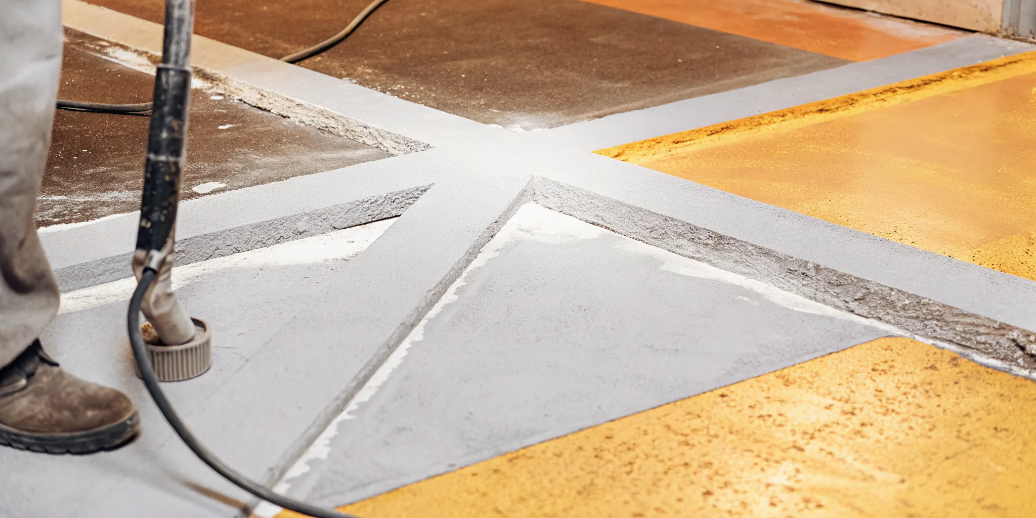 Concrete floor surface preparation with diamond grinding equipment and moisture testing area in an industrial warehouse