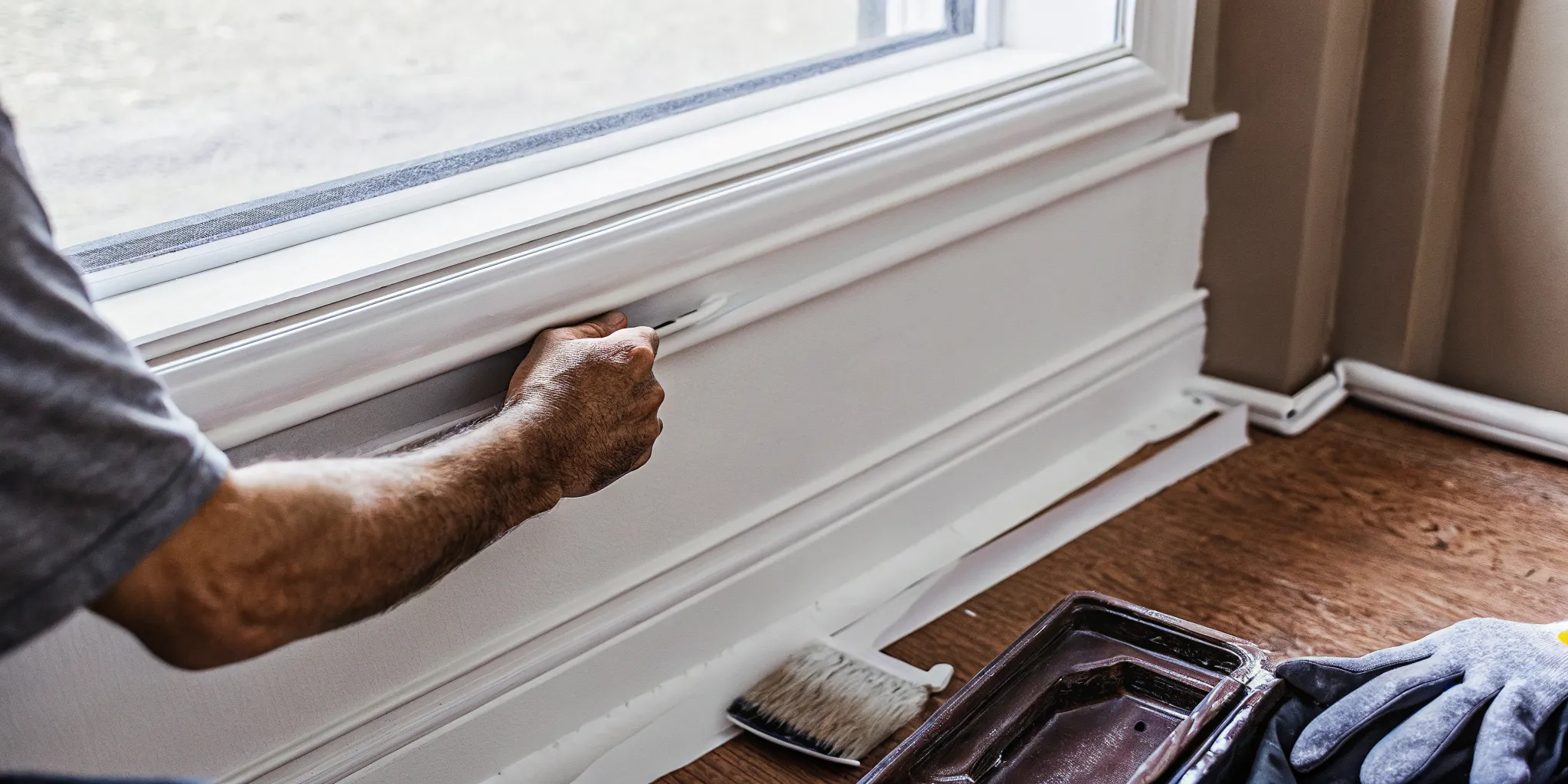 Professional preparing a wall before interior painting