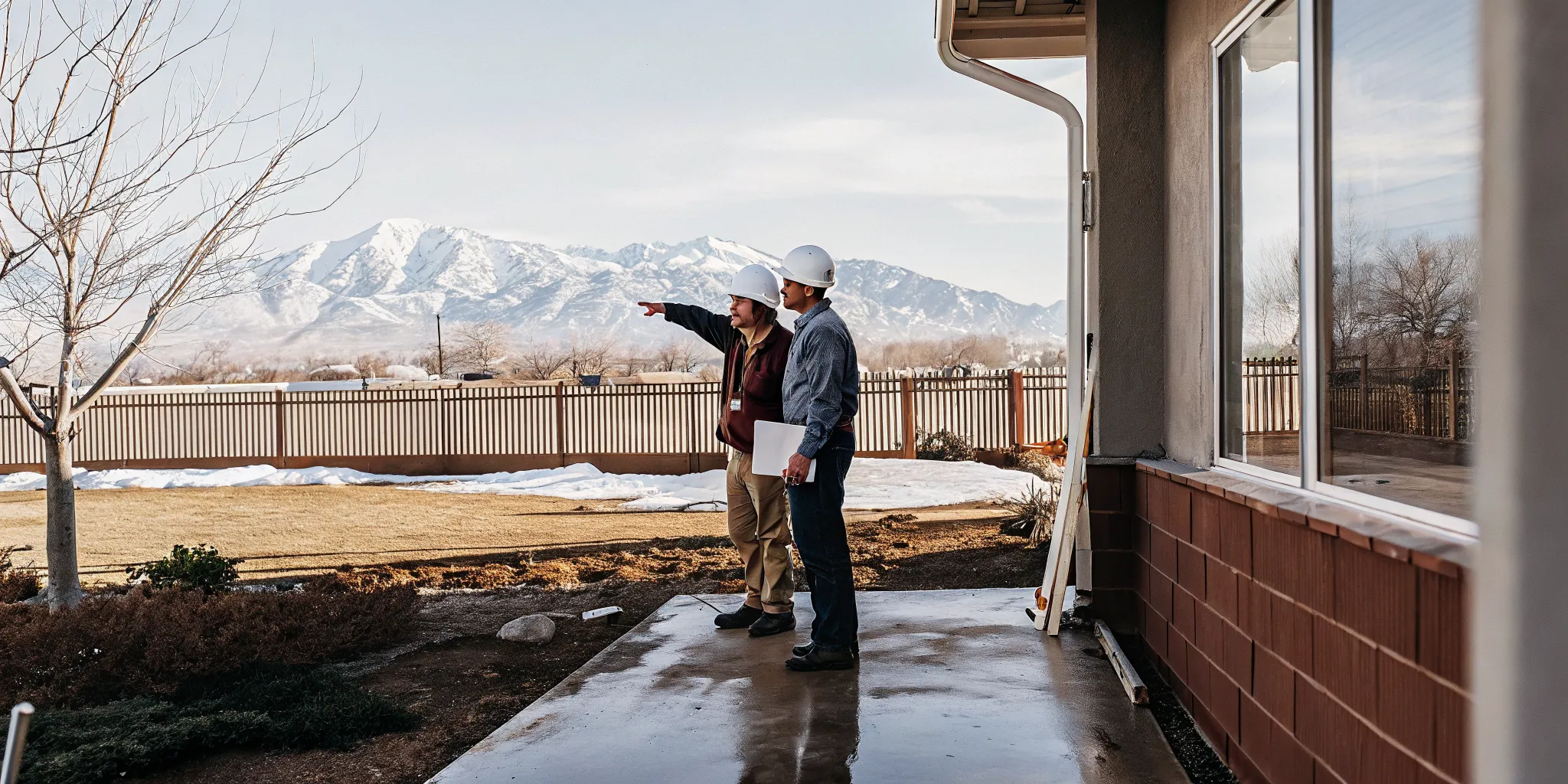 Denver contractor and homeowner inspecting a residential concrete patio on a bright spring morning with mountains visible in the distance