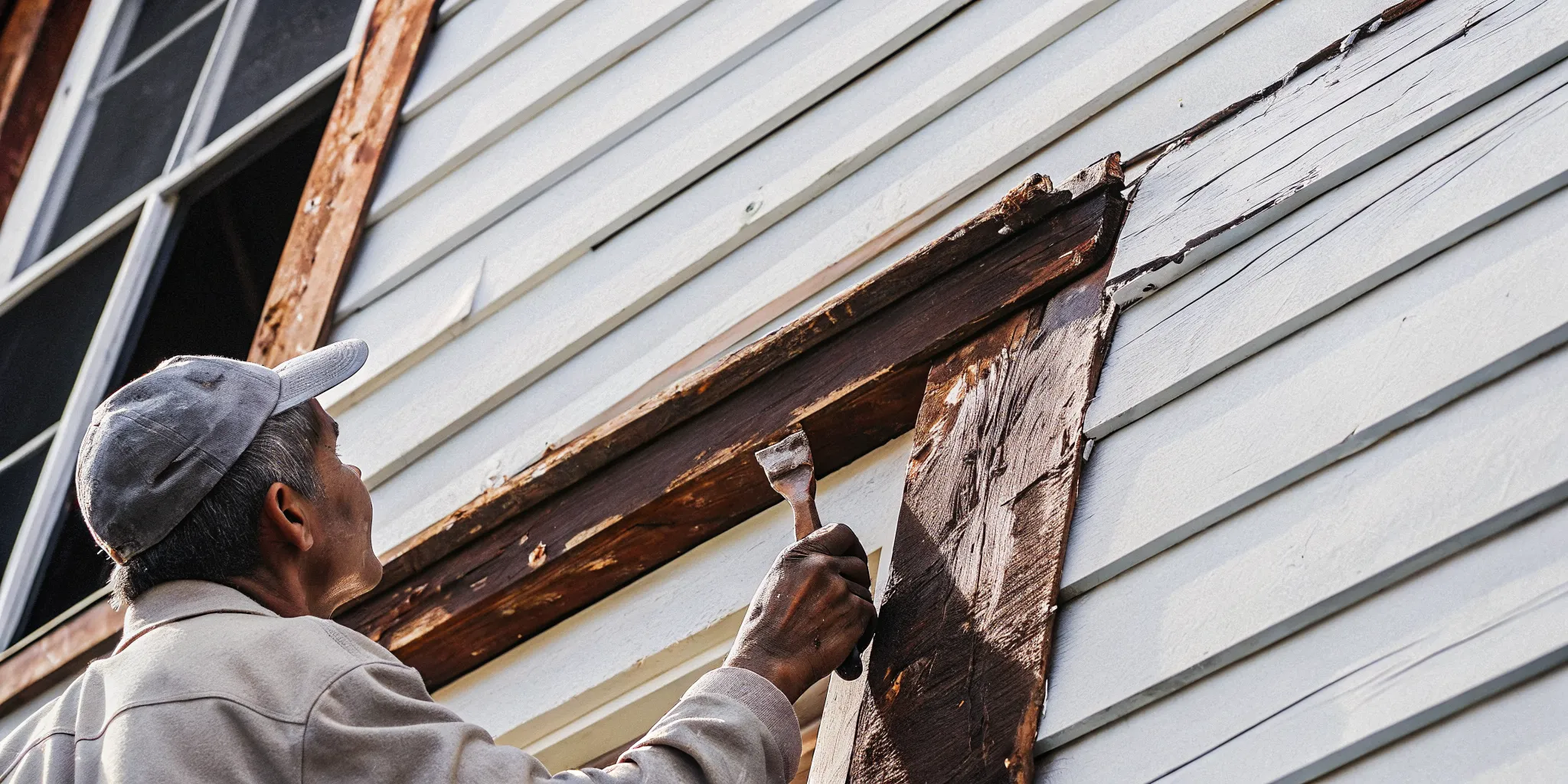 Professional painter scraping loose paint from house siding