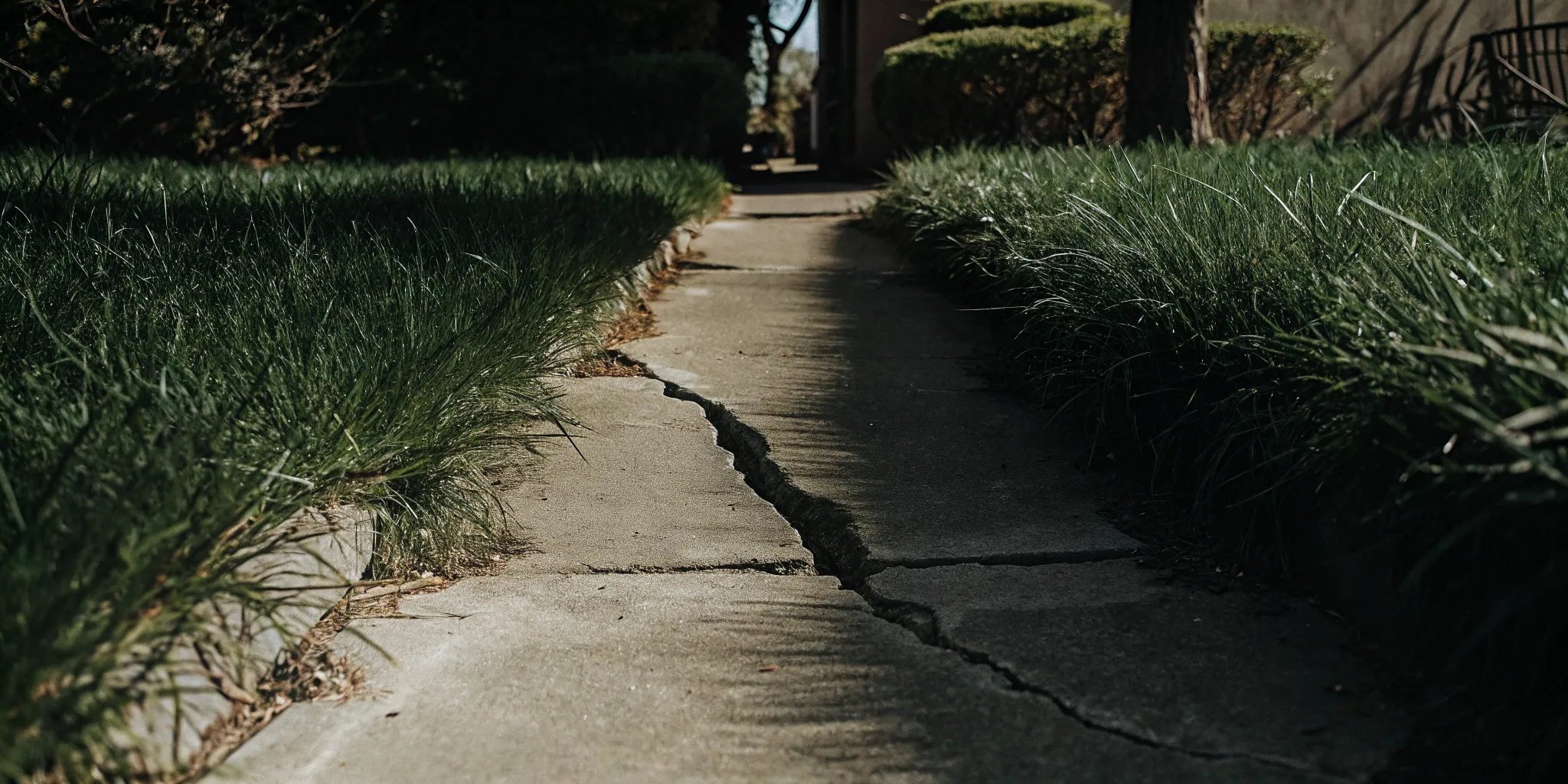 Close view of a cracked concrete walkway showing freeze-thaw damage from winter, grass edges, and early spring conditions in Denver
