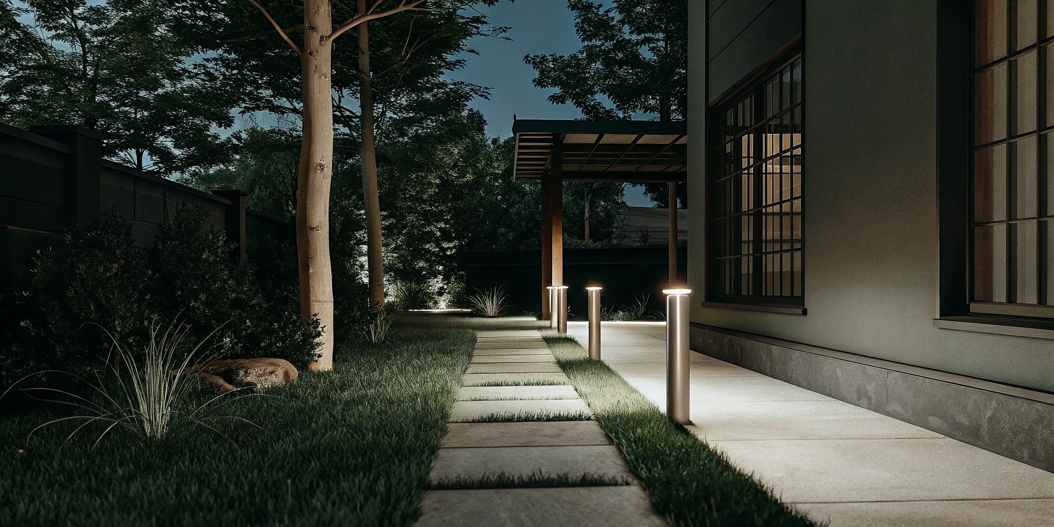 Uplighting highlighting mature trees and stone landscaping at dusk in a Denver backyard
