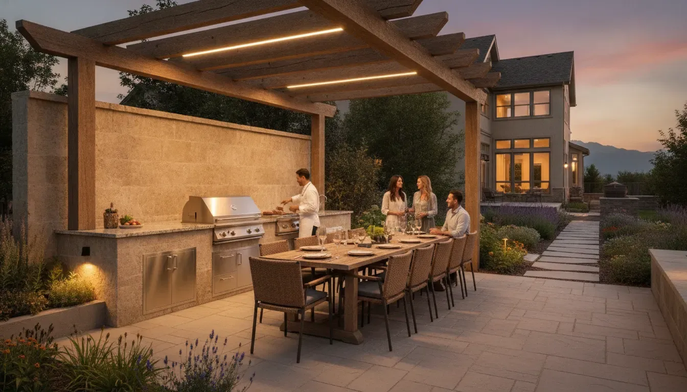 Straight-run outdoor kitchen beside a separate dining zone for Denver Metro Area entertaining