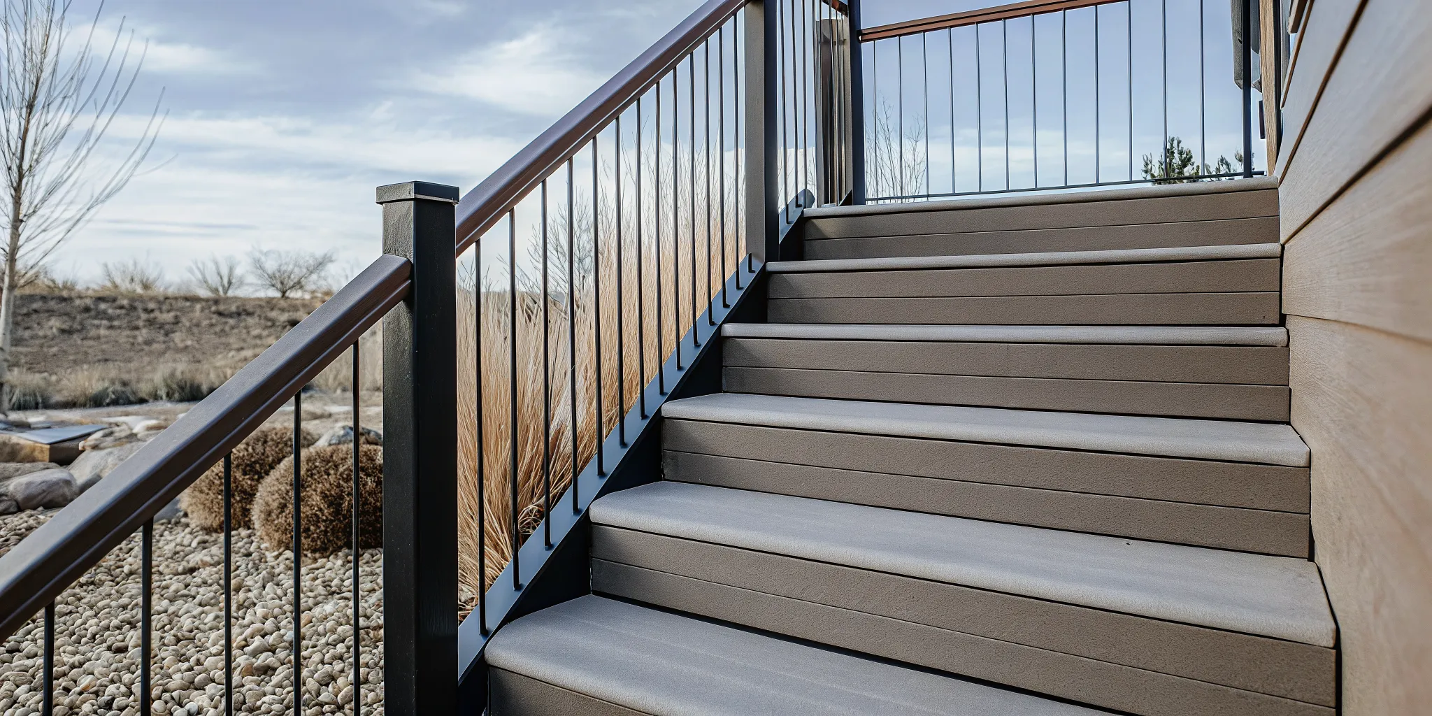 Wood and composite outdoor stairs with a gravel drainage base
