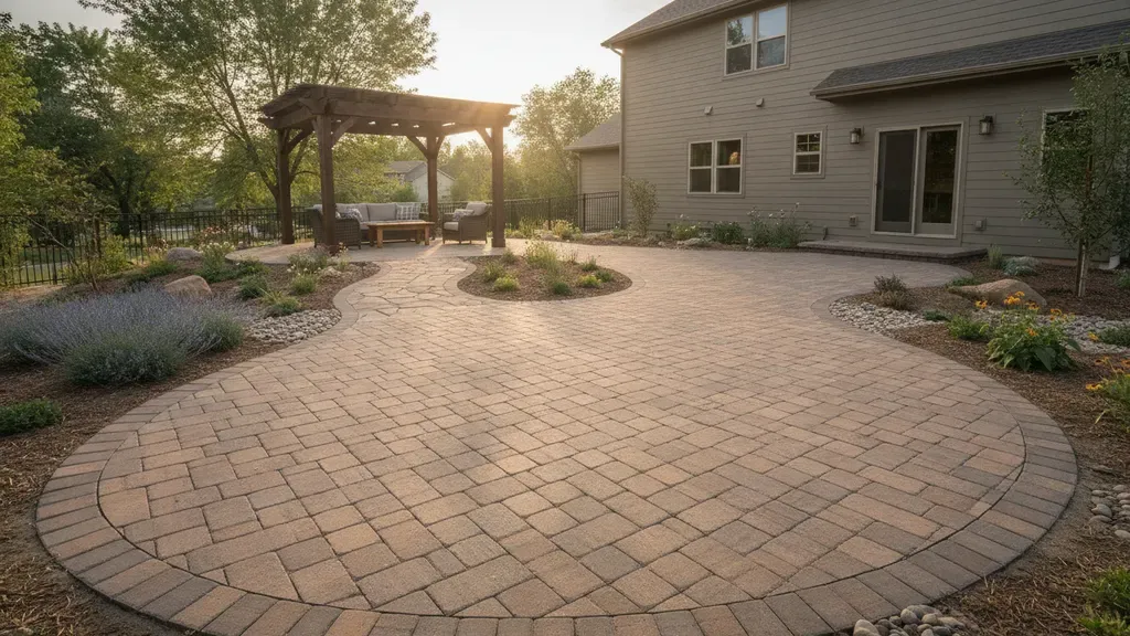 Interlocking paver patio and walkway connecting a Denver Metro Area backyard to a pergola