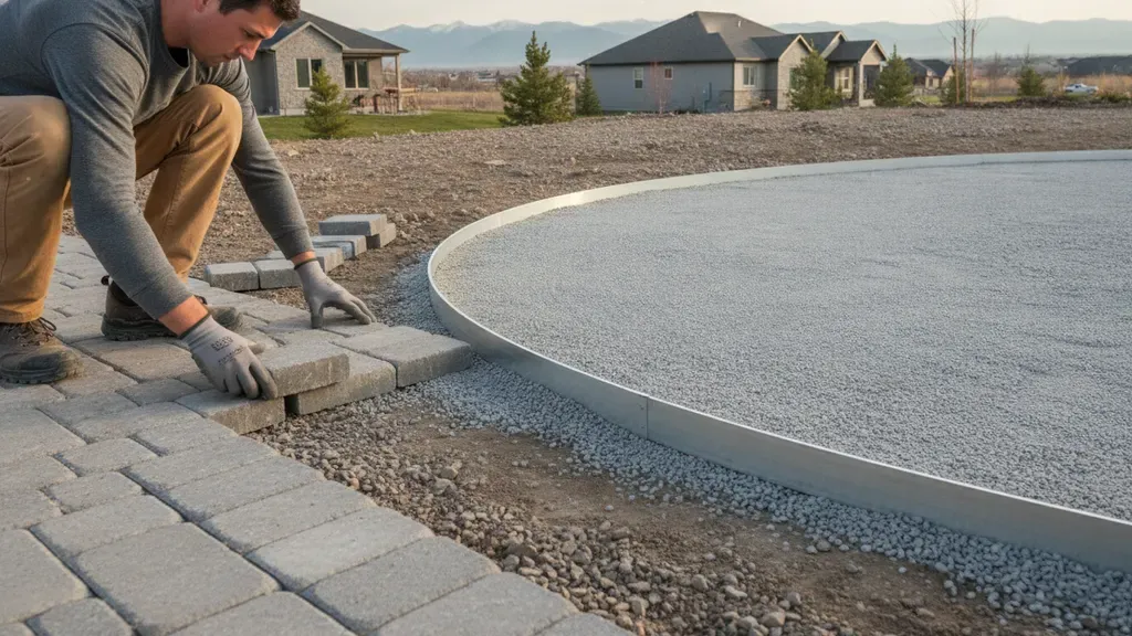 Hardscape installer setting pavers beside a compacted aggregate base and edge restraint