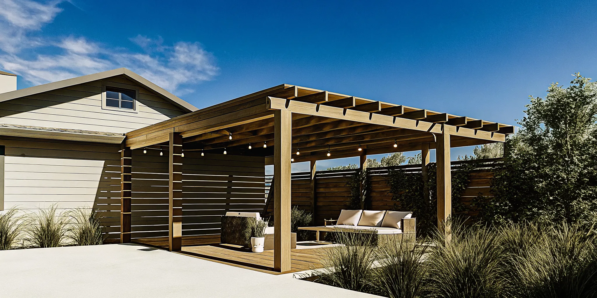 Modern attached cedar pergola with comfortable outdoor furniture in a Denver backyard