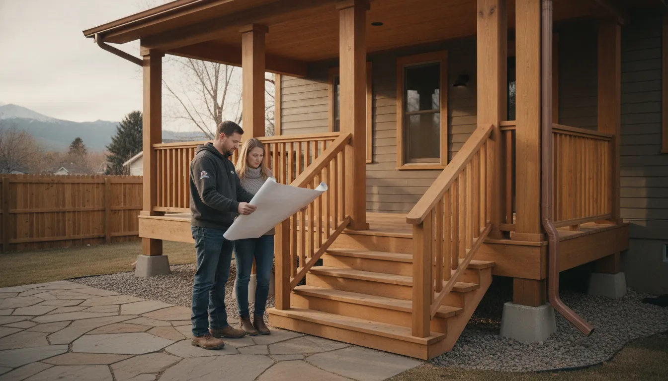 Homeowner and contractor reviewing porch addition planning details beside a finished porch