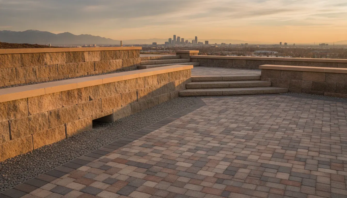 Coordinated retaining wall and patio transition with steps and seating in a Denver Metro Area yard