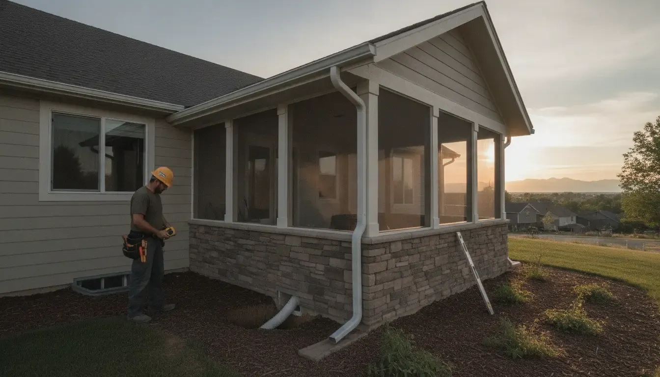 Contractor reviewing screened-in porch roof drainage and downspout planning
