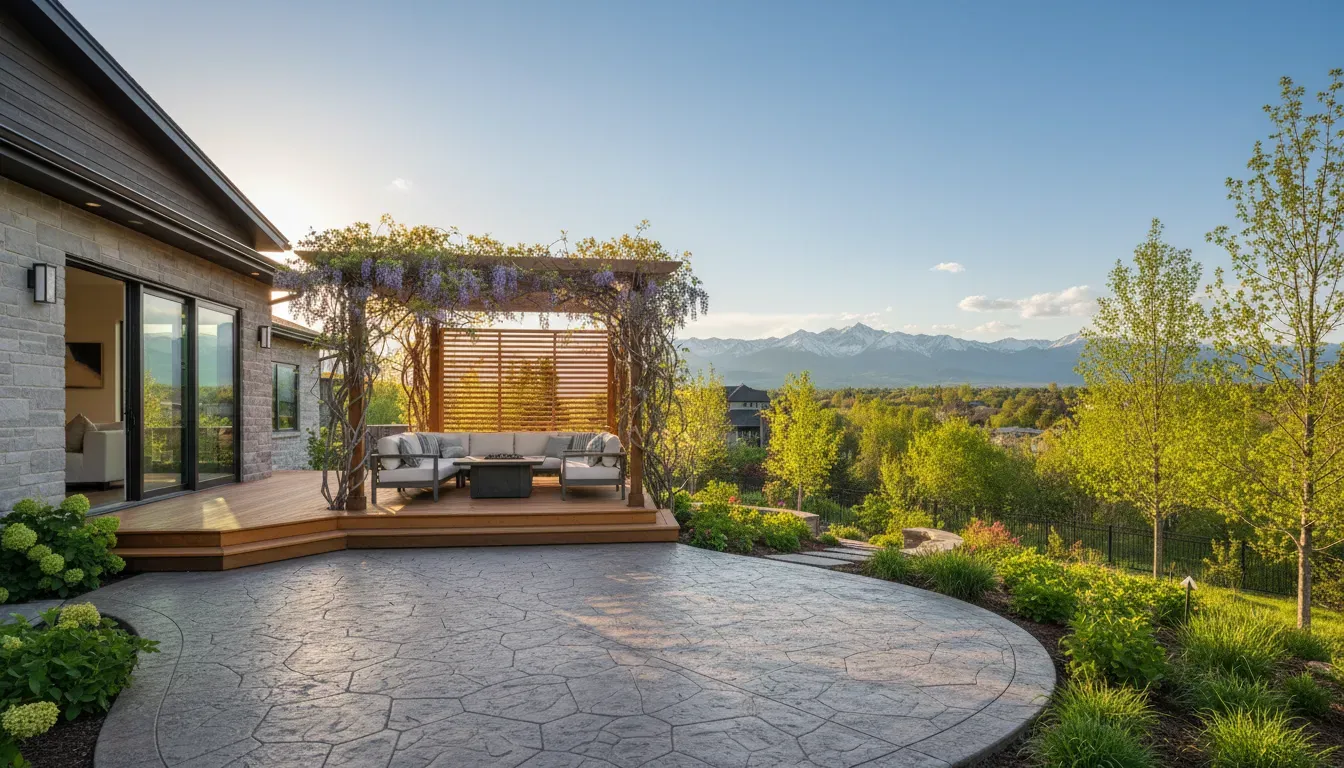 Hardscape patio with retaining wall and drought-tolerant landscaping installed by Faros Construction Services in the Denver metro area