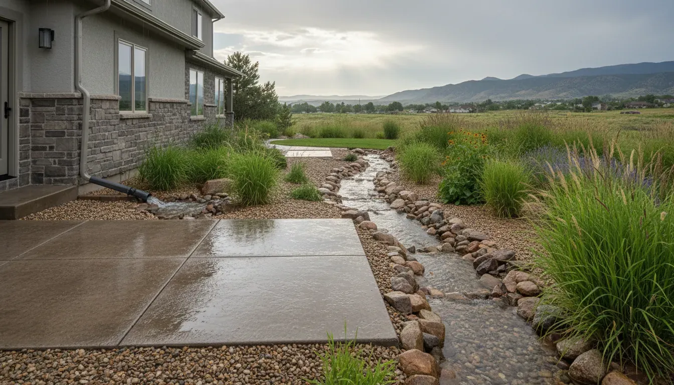 Water drainage solutions Denver yards with a dry creek bed and hardscape patio