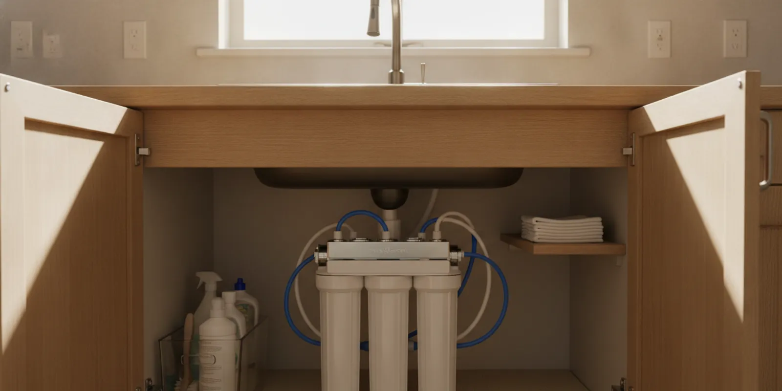 Under-sink water filter installed neatly inside a bright home kitchen cabinet