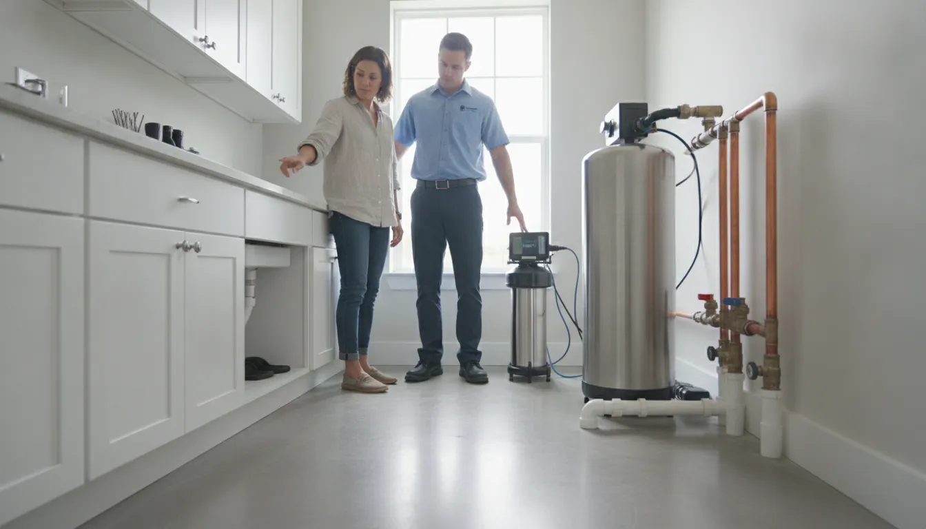 Homeowner comparing point-of-use and whole-home water filtration systems