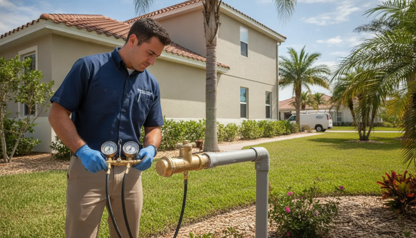 Certified backflow tester checking a backflow prevention assembly at a Treasure Coast home