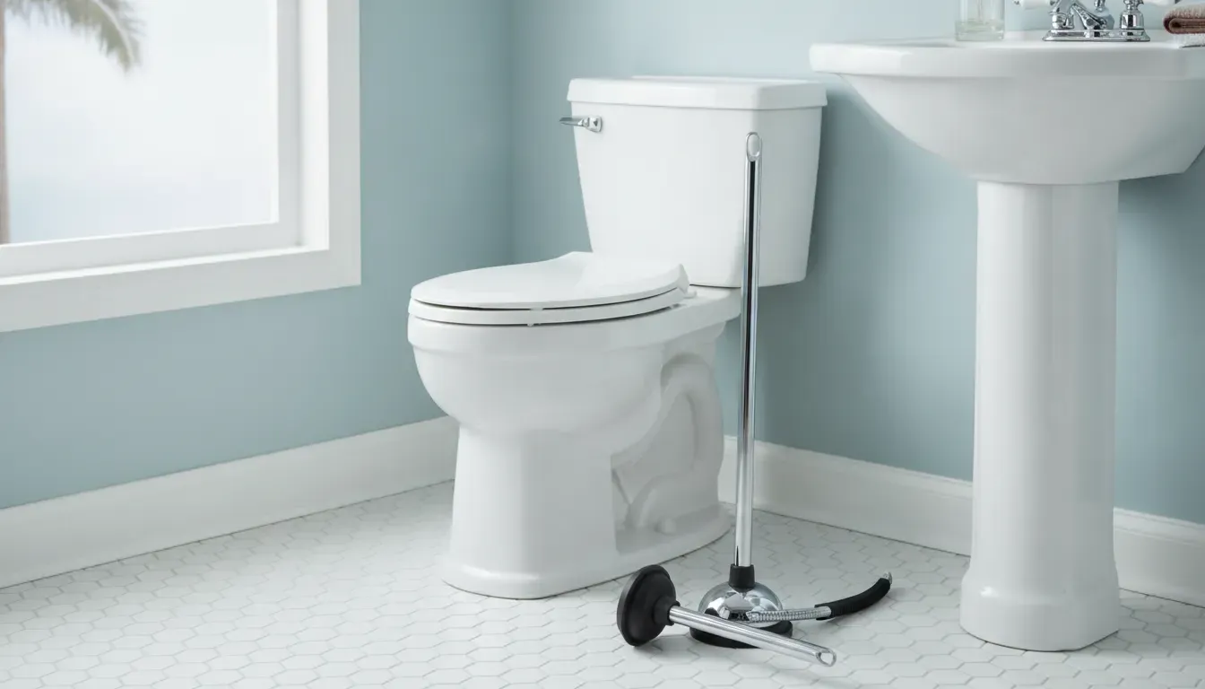 Flange toilet plunger and closet auger beside a clean toilet for clogged toilet repair