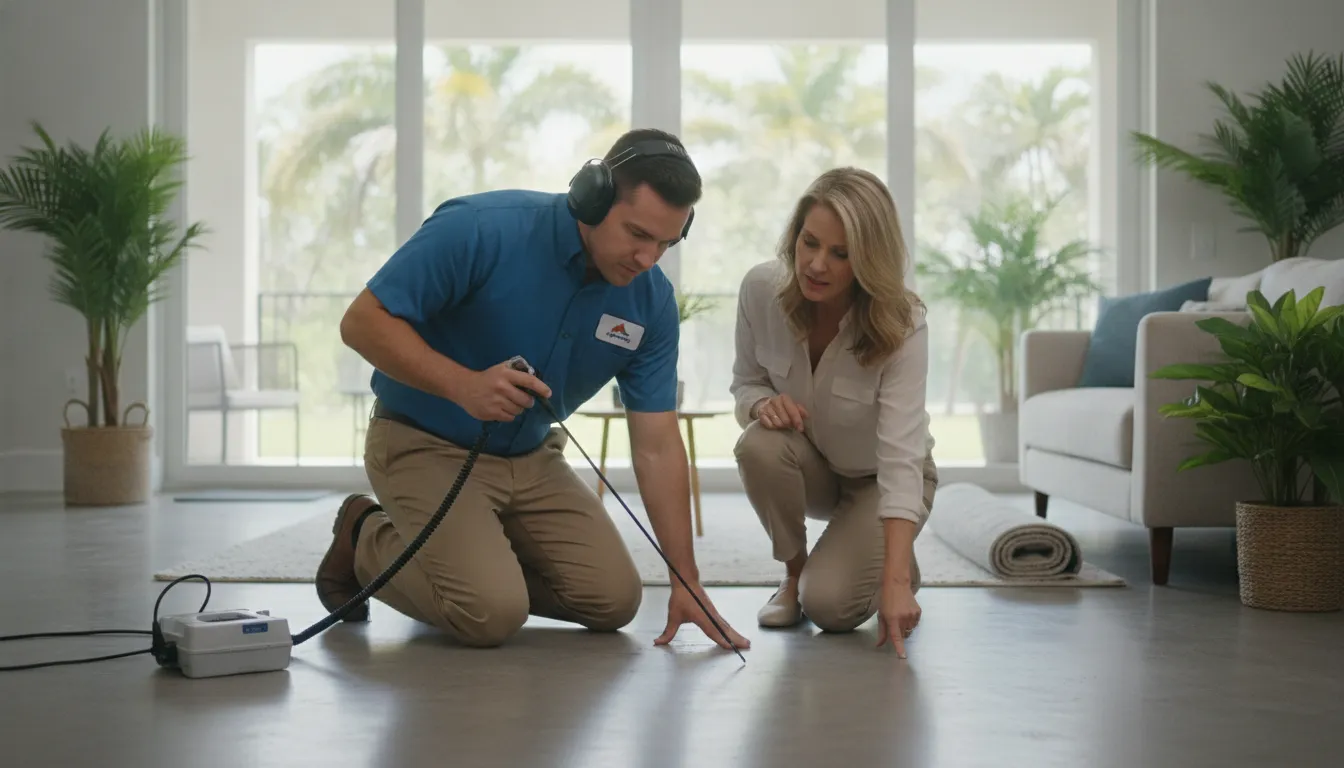 Plumber discussing a slab leak evaluation with a homeowner in a Florida home