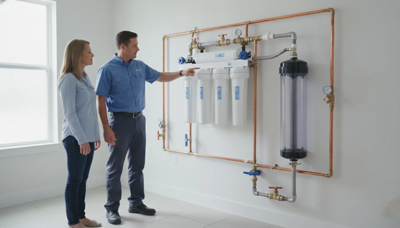 Plumber and homeowner reviewing a water filtration installation in a Florida utility room