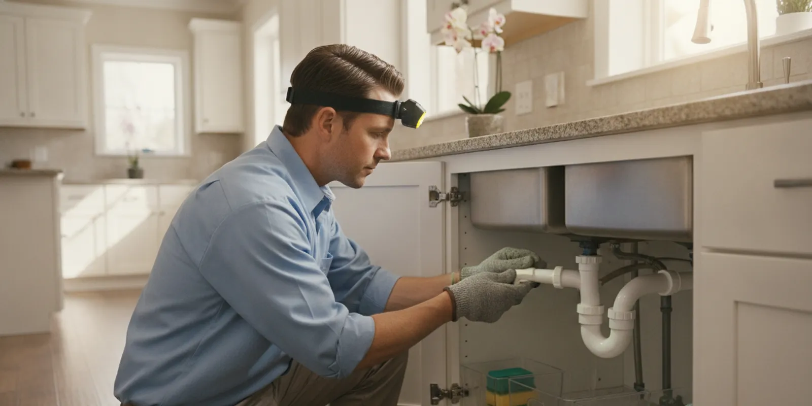 Plumber inspecting drain pipes beneath a kitchen sink in a clean residential kitchen