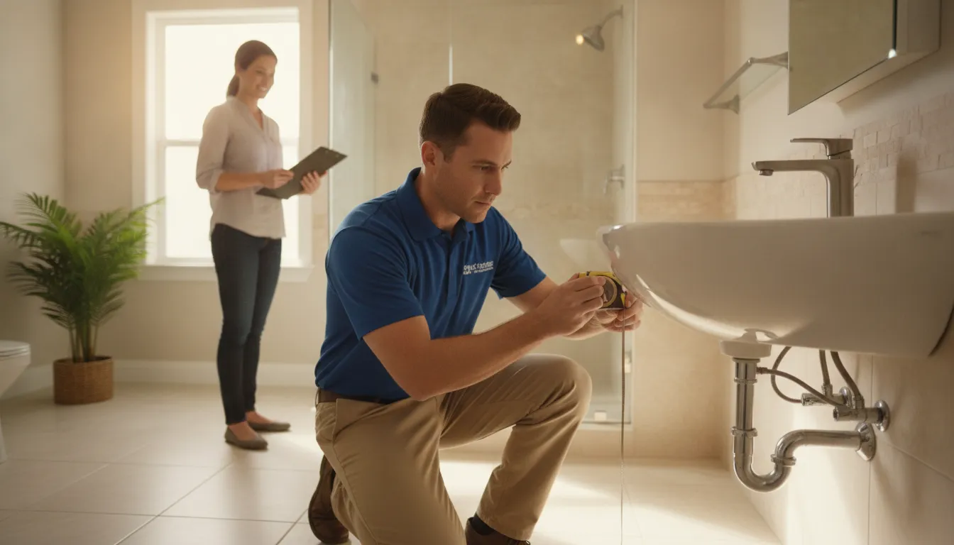 Plumber measuring a bathroom sink and checking connections in a clean Florida home