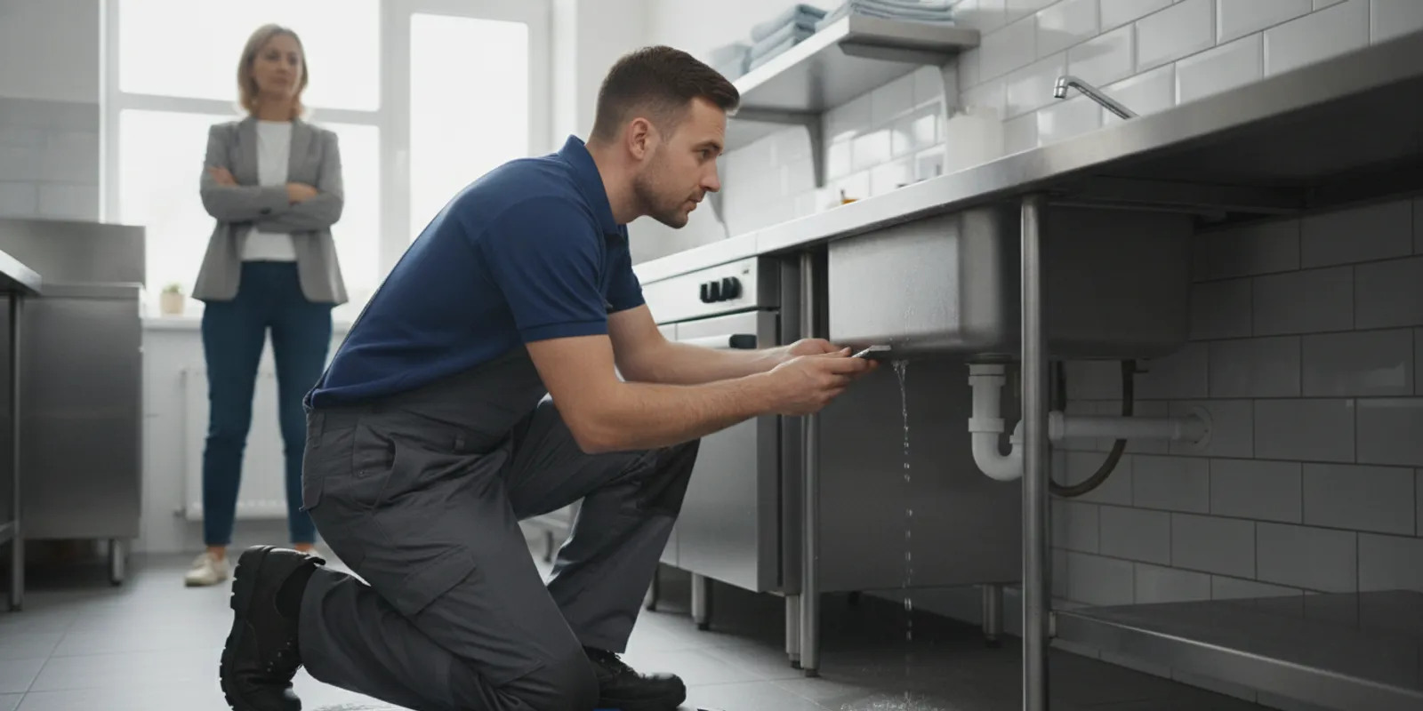 Plumber assessing a water leak in a small commercial property