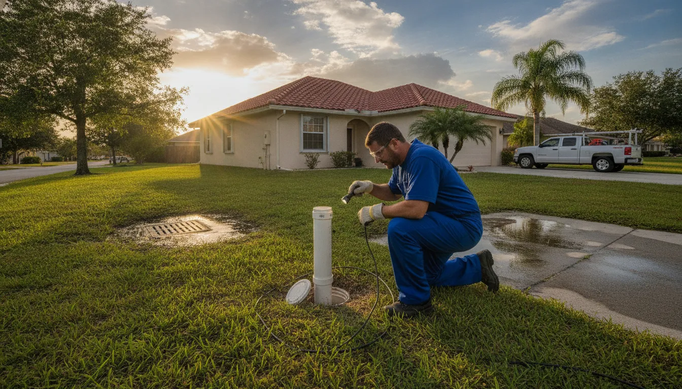 Plumber inspecting a residential sewer cleanout during an emergency assessment