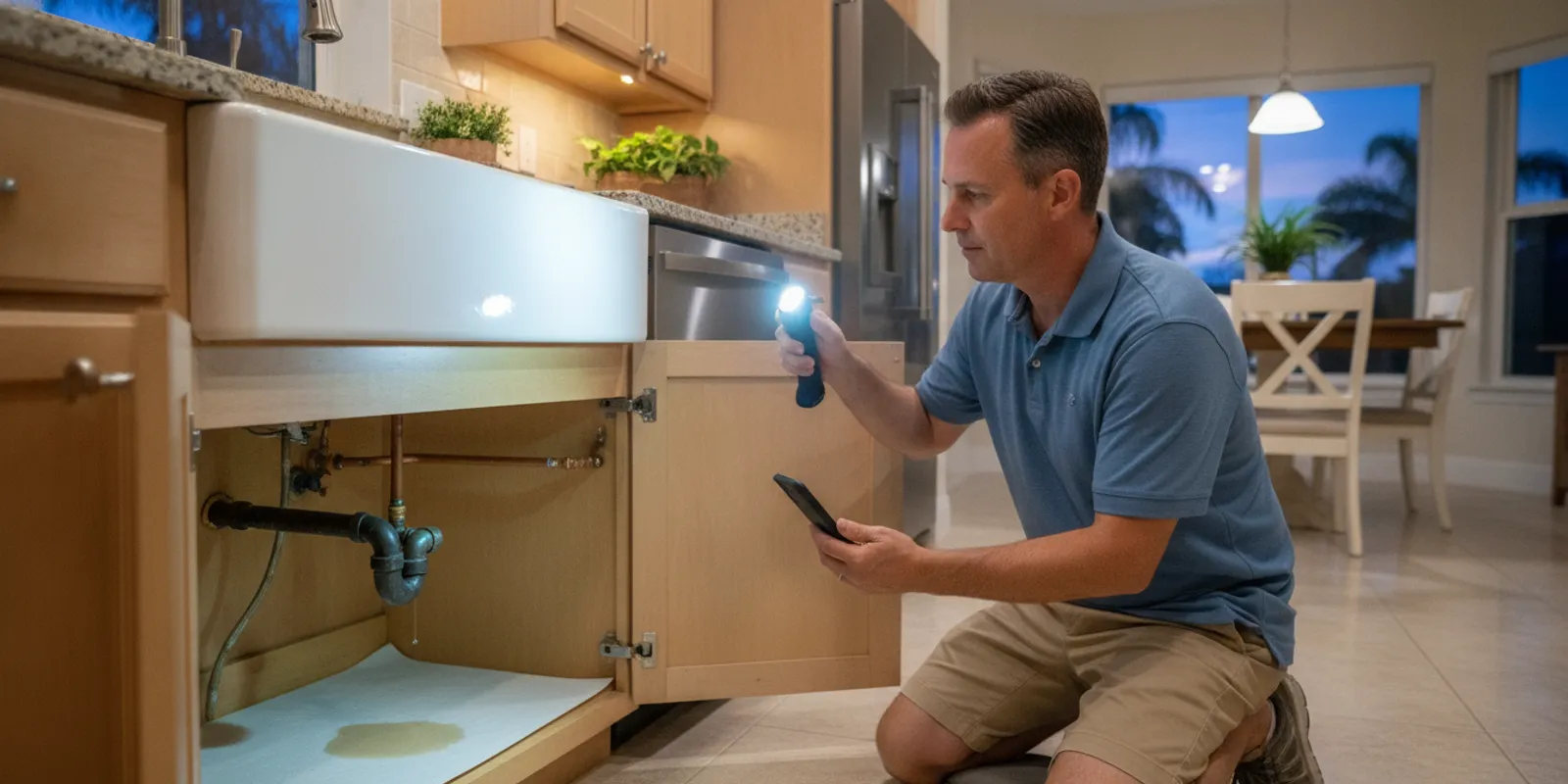 Homeowner checking a water leak under a sink while preparing to call a plumber