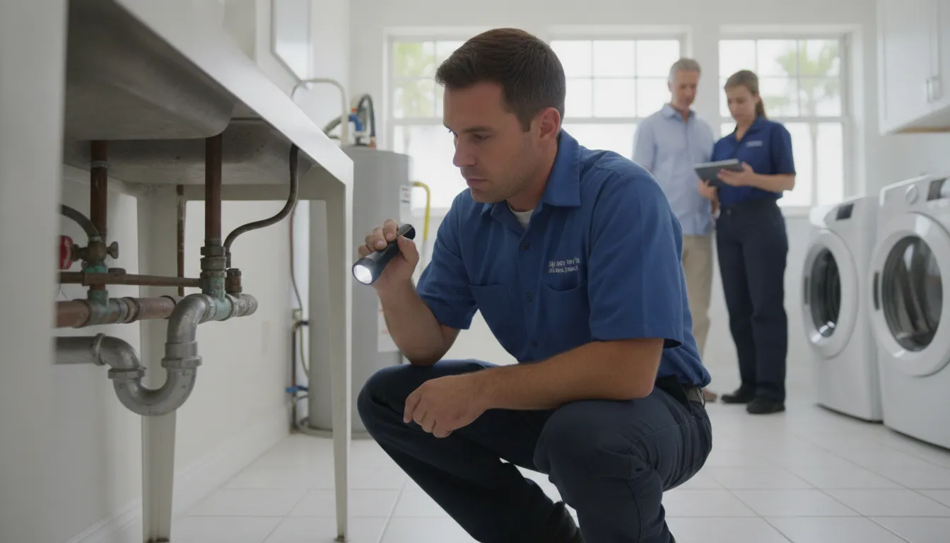 Plumber inspecting aging galvanized pipes in a Treasure Coast home